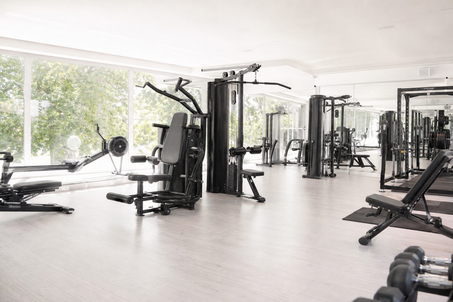 Sala pesi luminosa con macchinari neri, panche e grandi vetrate affacciate sugli alberi